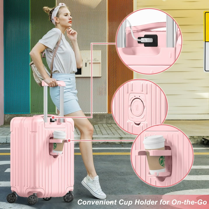 Checked Luggage PC ABS Hardshell Suitcase with Spinner Wheels TSA Lock USB Port and Cup Holder 28 inch Pink
