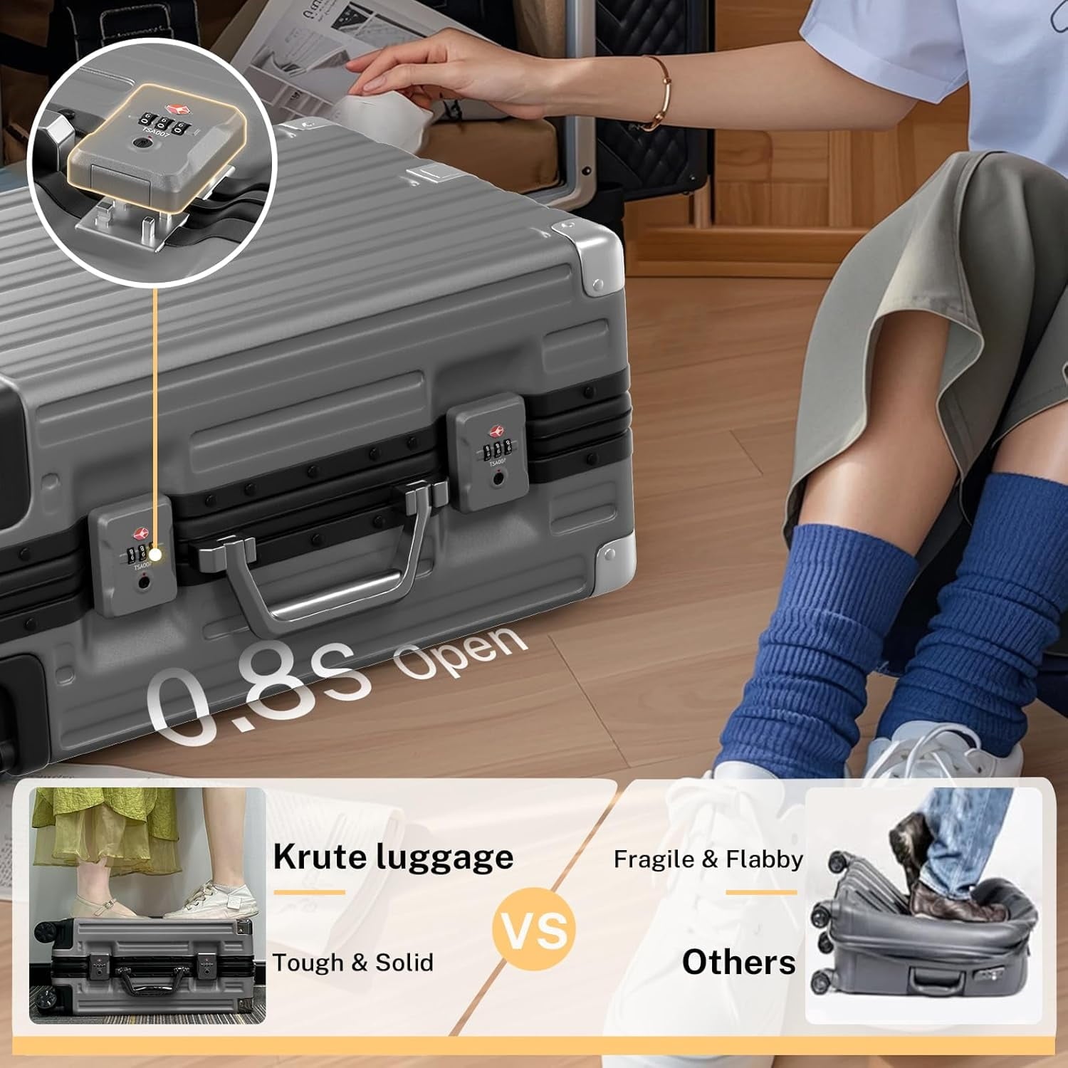Checked Luggage Aluminum Frame Suitcase with Wheels PC ABS Hardside Zipperless with TSA Lock 24 Inch Gray