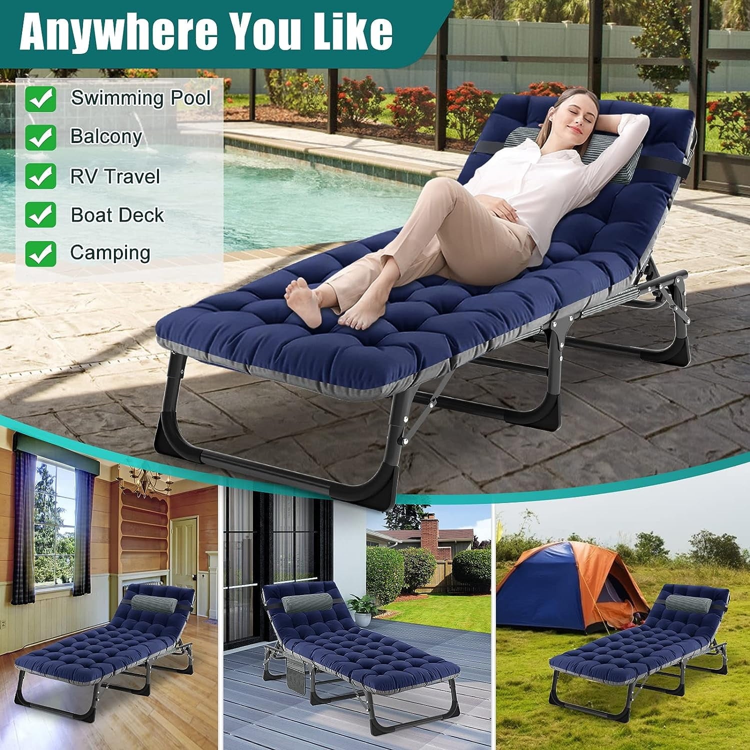 Slsy Portable Folding Camping Cot Bed with 2 Sided Mattress & Pillow, Adjustable 5-Position Folding Lounge Chair, Folding Cot Bed
