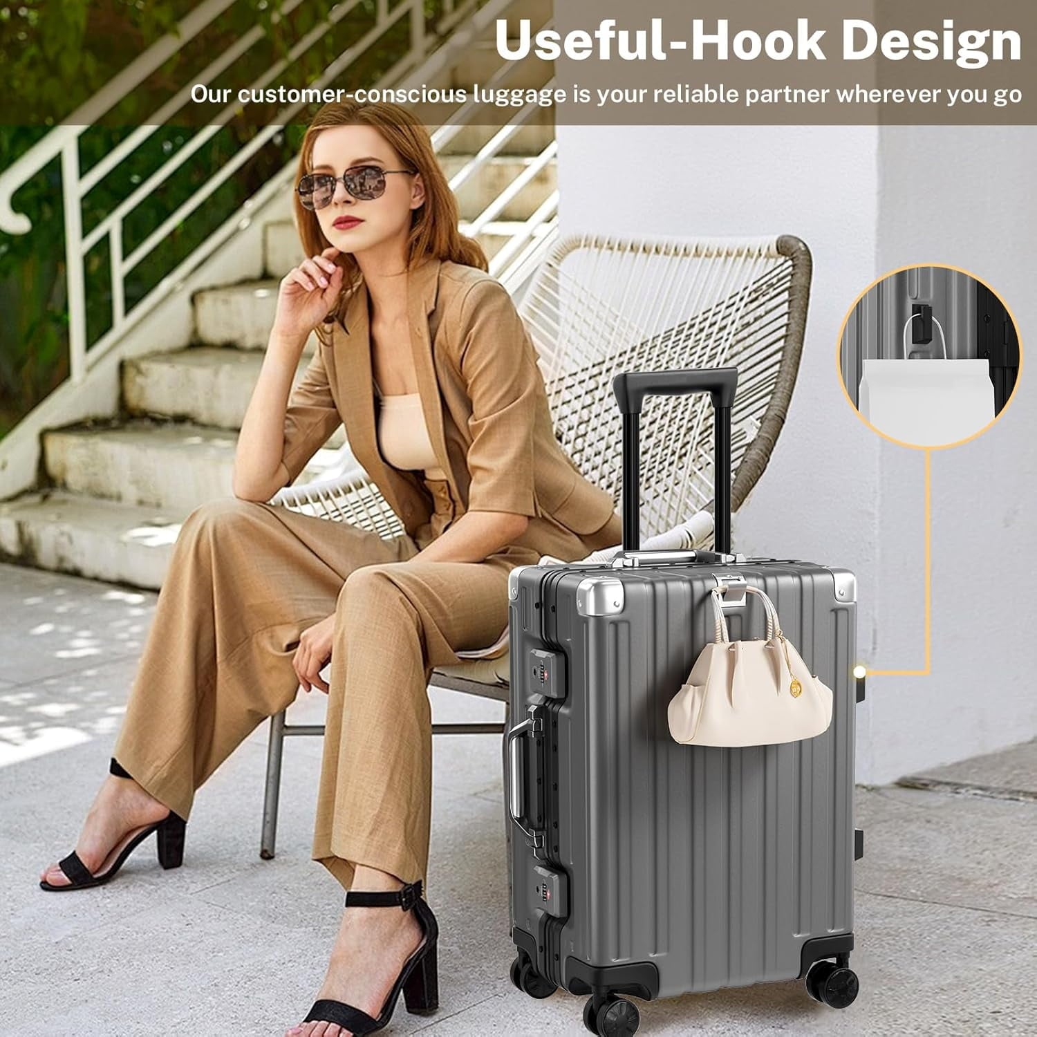 Checked Luggage Aluminum Frame Suitcase with Wheels PC ABS Hardside Zipperless with TSA Lock 28 Inch Gray
