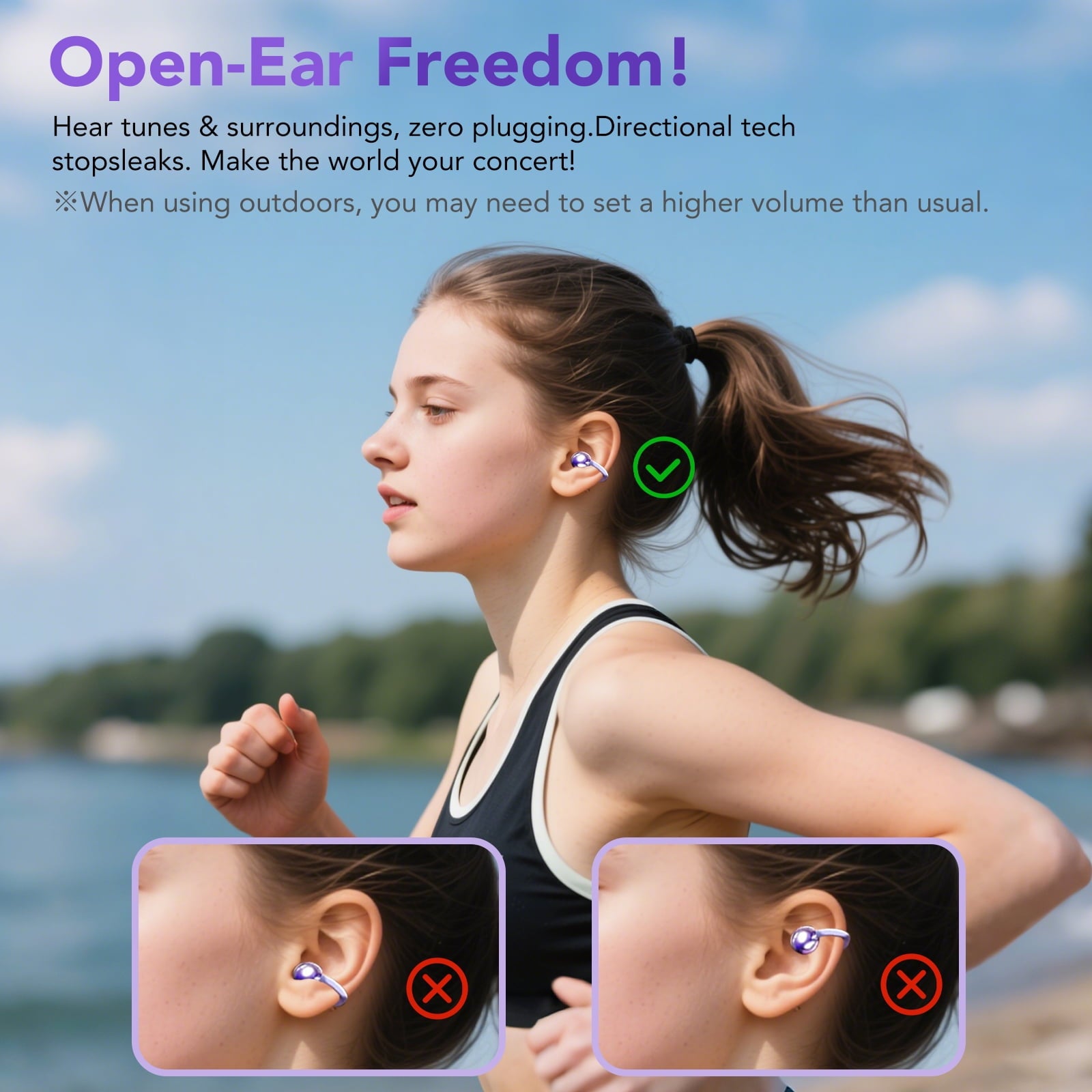 Open Ear Earbuds, Wireless Earbuds, Bluetooth Headphones with Mic, Adaptive Noise Cancelling Calls, Bluetooth 5.4, 50H Playtime, Light Weight, Clip On Earbuds for Workout/Running (Purple)