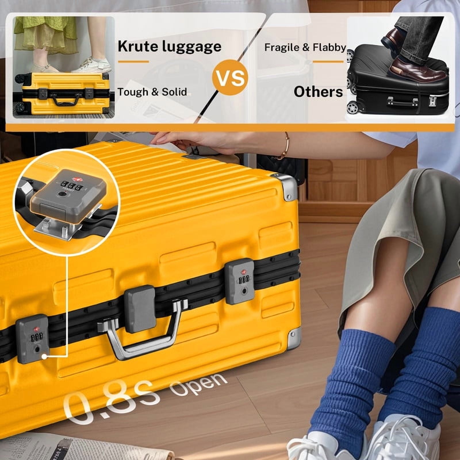 Checked Luggage Aluminum Frame Suitcase with Wheels PC ABS Hardside Zipperless with TSA Lock 24 Inch Yellow