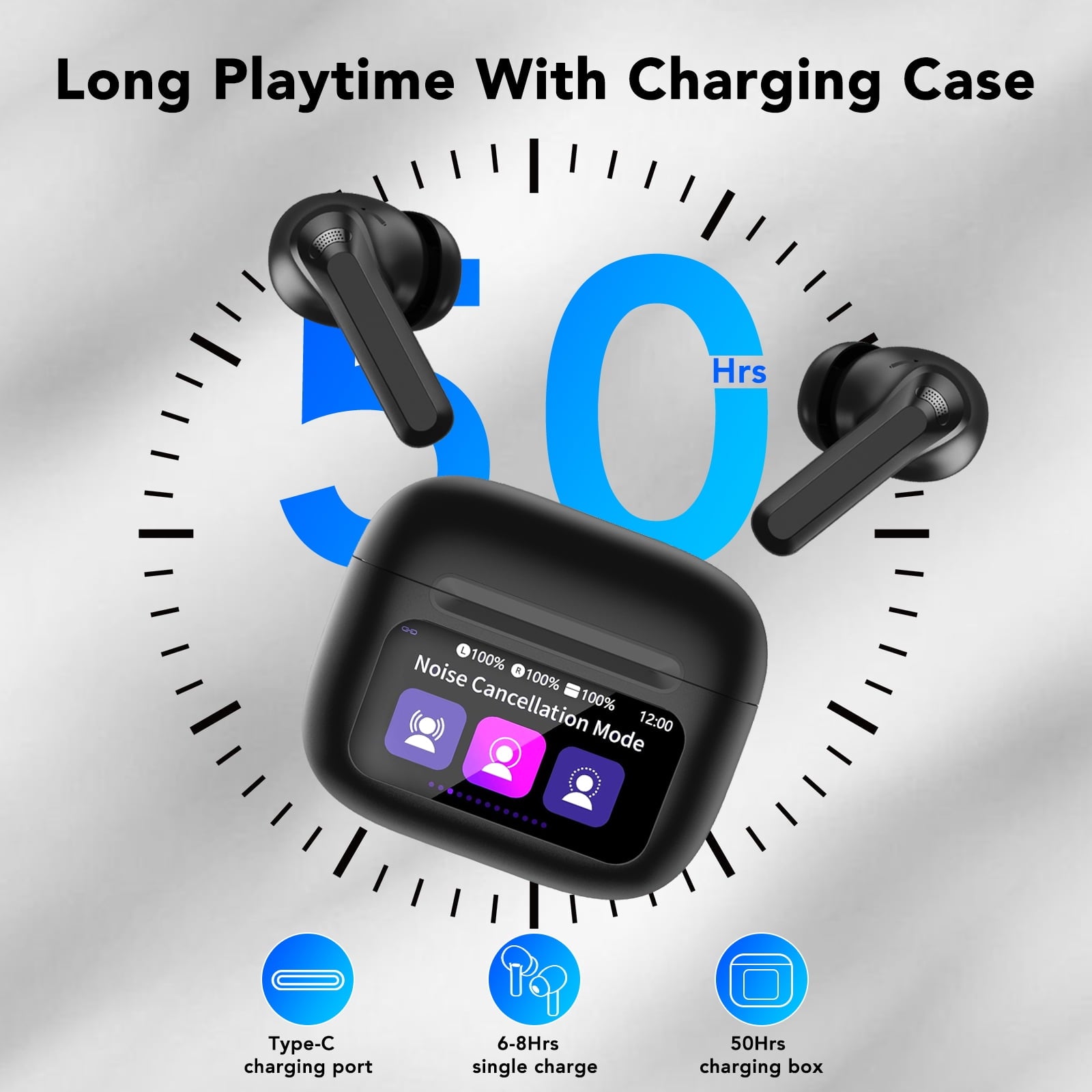 Touch Screen Wireless Earbuds Bluetooth Headphones with 50H Playtime, Noise Cancelling Headphones with Mic IPX7 Waterproof in Ear Earphones for Pad Android/iOS Phones Gifts for Women Men, Black