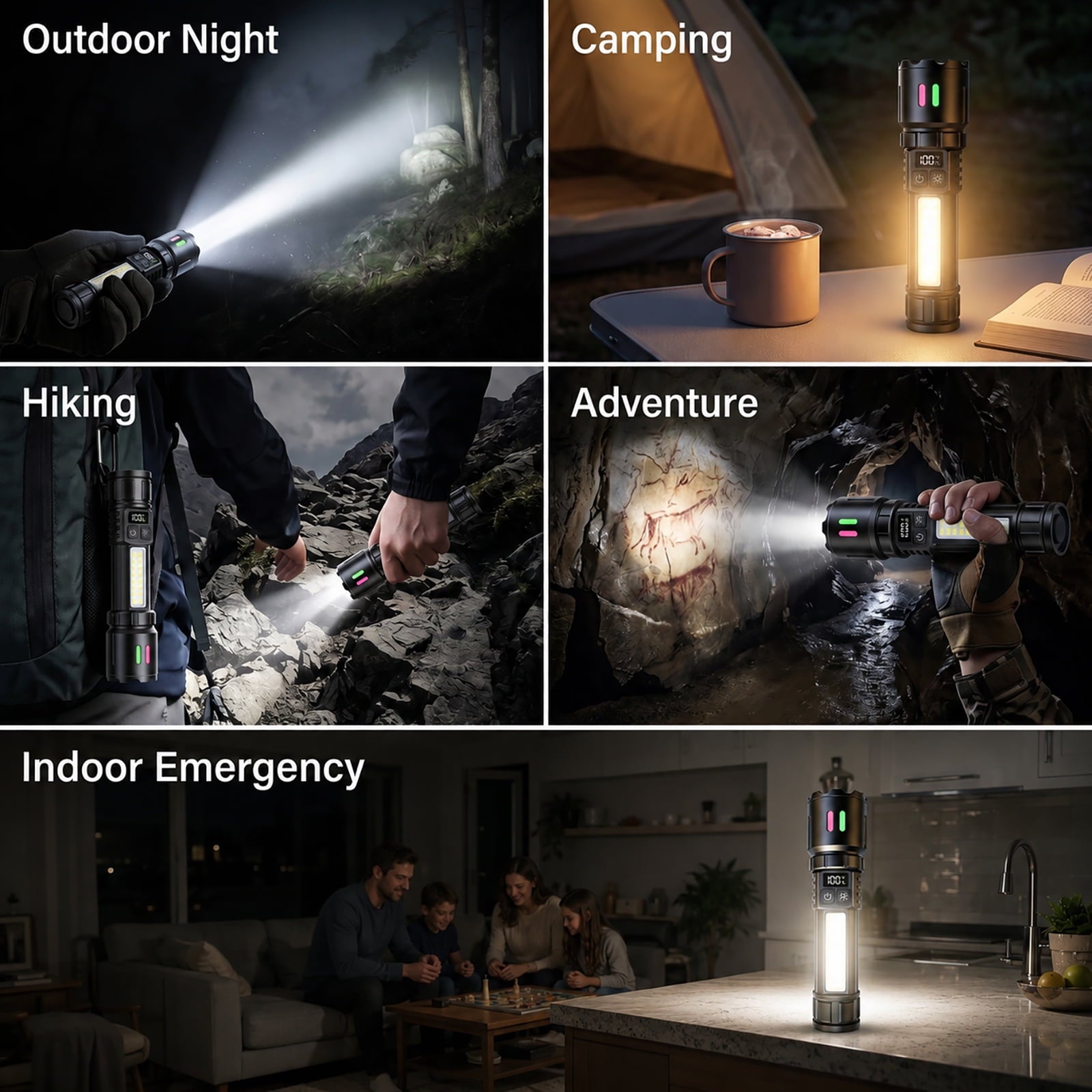 Rechargeable Flashlight with COB Work Light, High Lumen LED Flashlight with Digital Power Display, Dual Switch, IPX6 Waterproof, 3000mAh Battery & Bonus Mini UV Flashlight