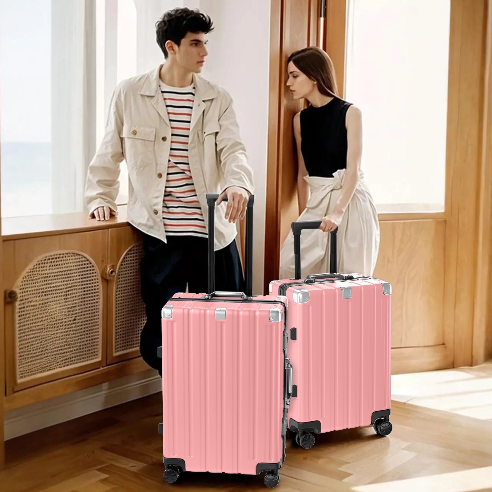 Checked Luggage Aluminum Frame Suitcase with Wheels PC ABS Hardside Zipperless with TSA Lock 28 Inch Pink
