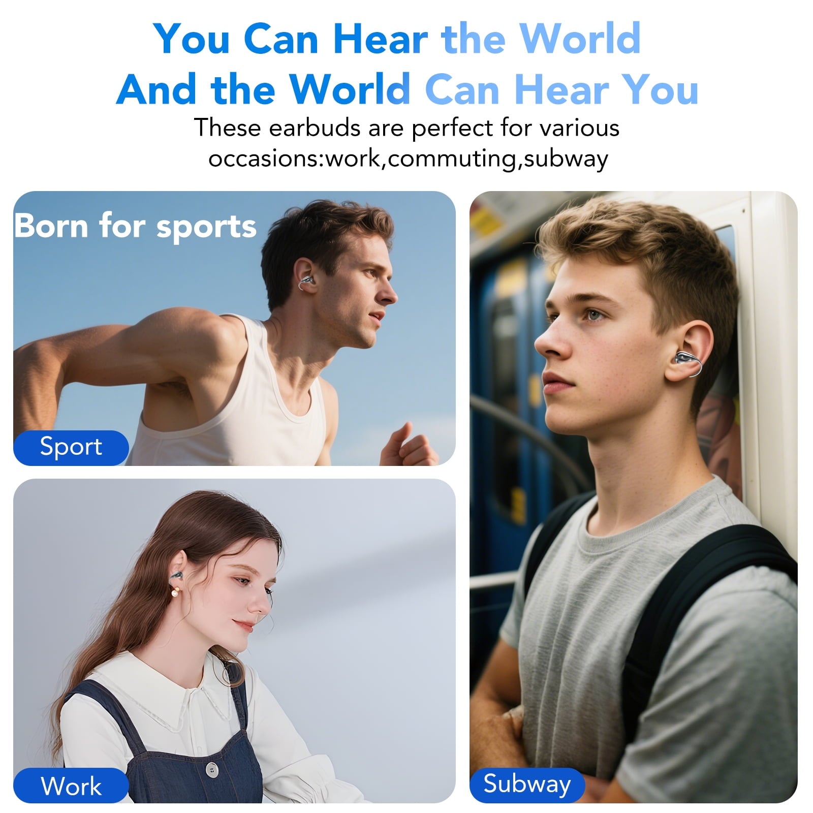 Open Ear Earbuds, Wireless Earbuds, Bluetooth Headphones with Mic, Adaptive Noise Cancelling Calls, Bluetooth 5.4, 50H Playtime, Light Weight, Clip On Earbuds for Workout/Running (Black)