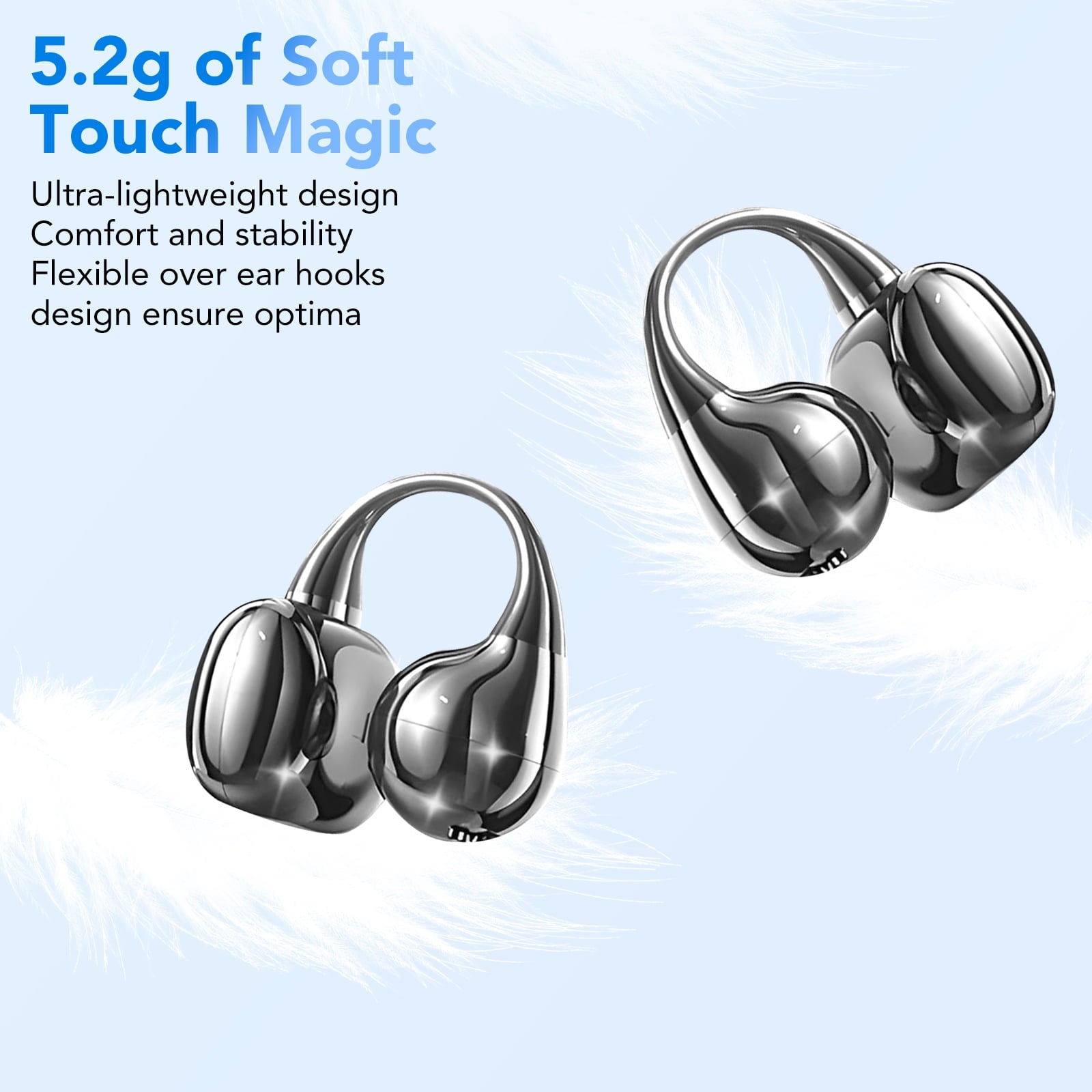 Open Ear Earbuds, Wireless Earbuds, Bluetooth Headphones with Mic, Adaptive Noise Cancelling Calls, Bluetooth 5.4, 50H Playtime, Light Weight, Clip On Earbuds for Workout/Running (Black)