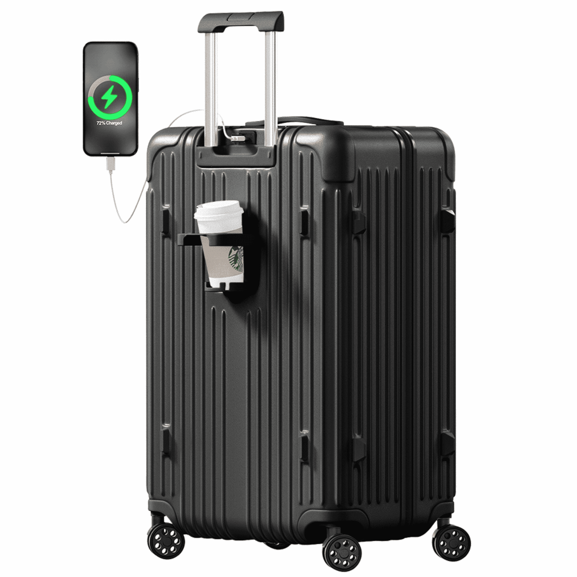 Checked Luggage PC ABS Hardshell Suitcase with Spinner Wheels TSA Lock USB Port and Cup Holder 28 inch Black
