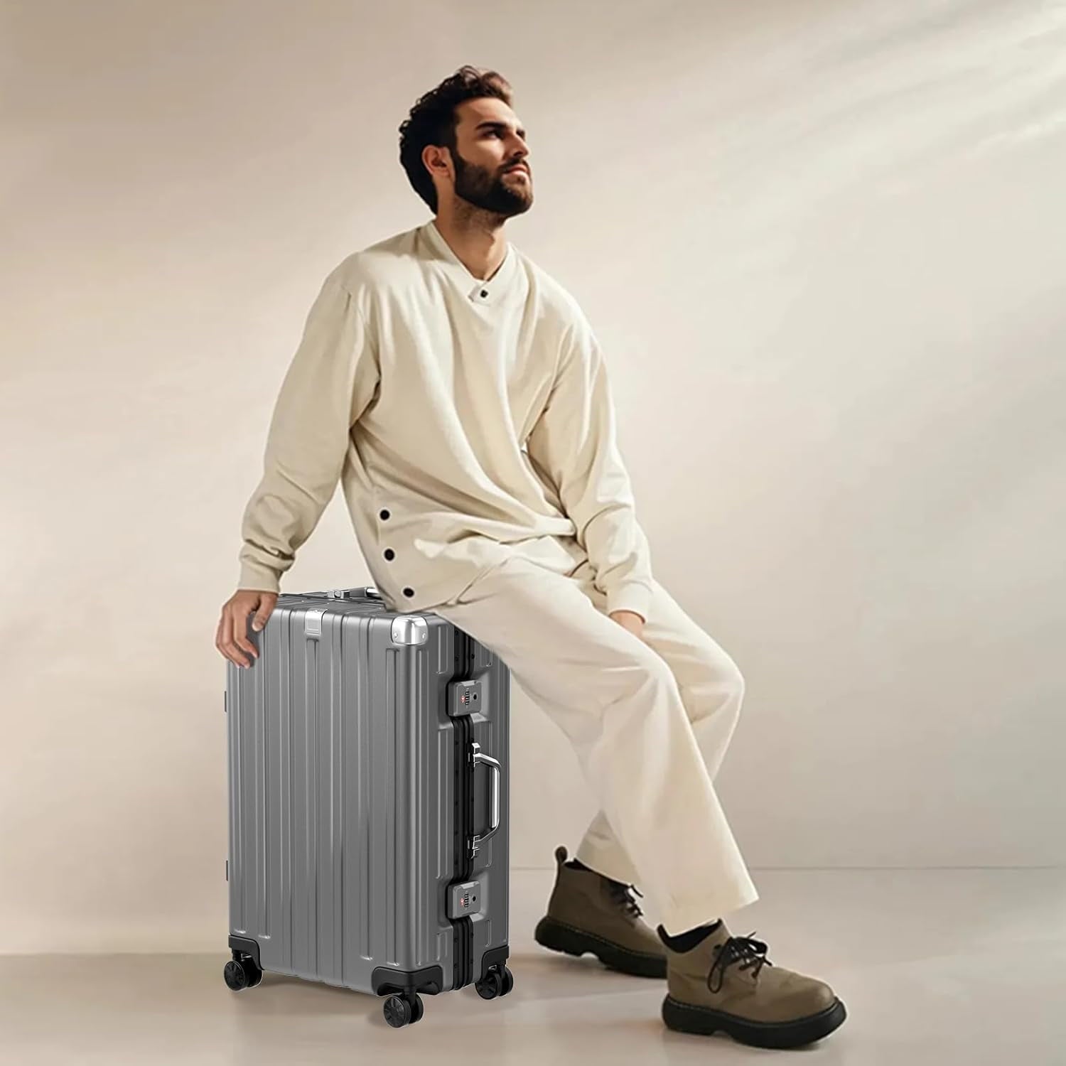 Checked Luggage Aluminum Frame Suitcase with Wheels PC ABS Hardside Zipperless with TSA Lock 28 Inch Gray
