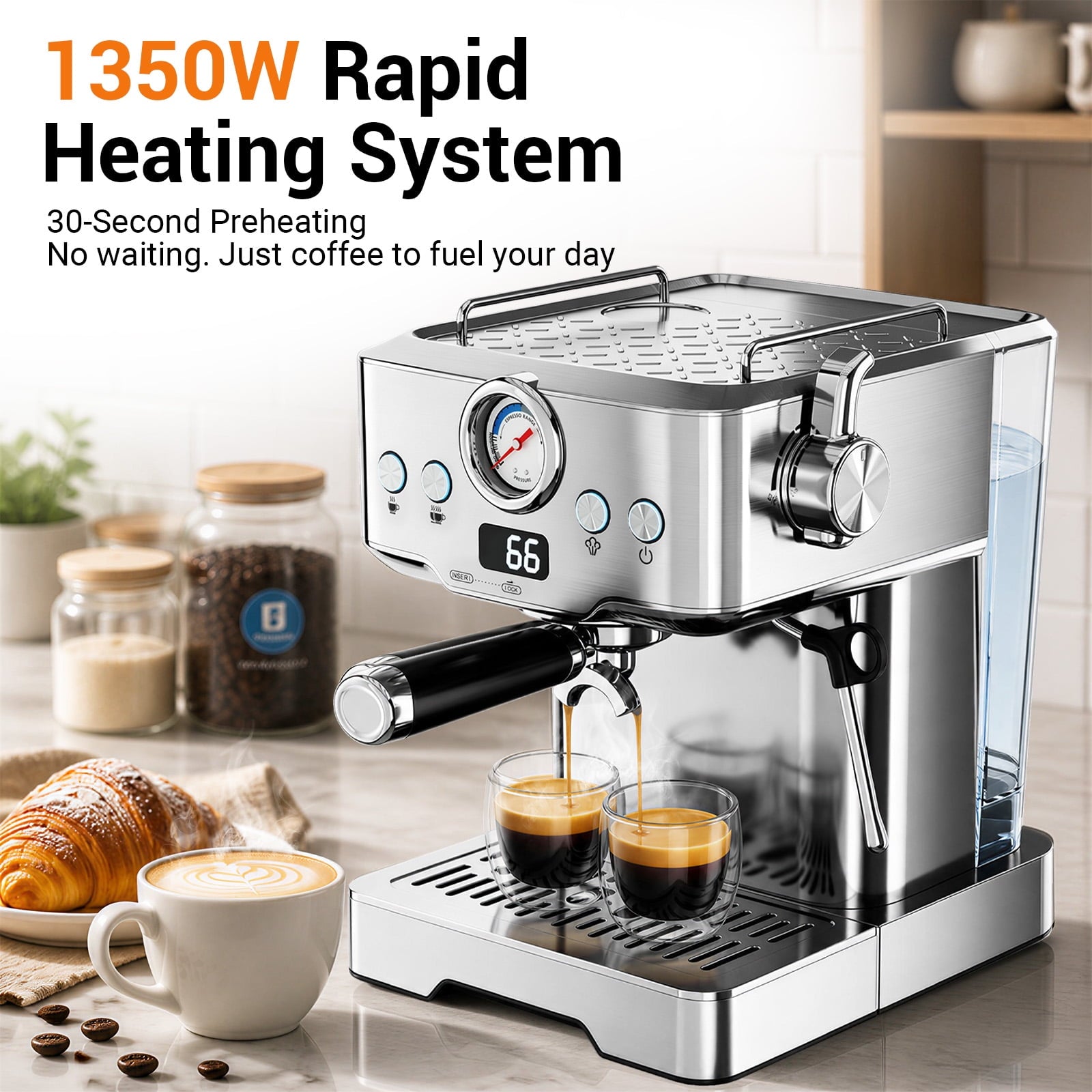 Friwest Espresso Machine with Steam Wand, 20 Bar Coffee Maker, Stainless Steel Espresso Machine for Latte, Cappuccino, Espresso, Ground Coffee & Coffee Pods