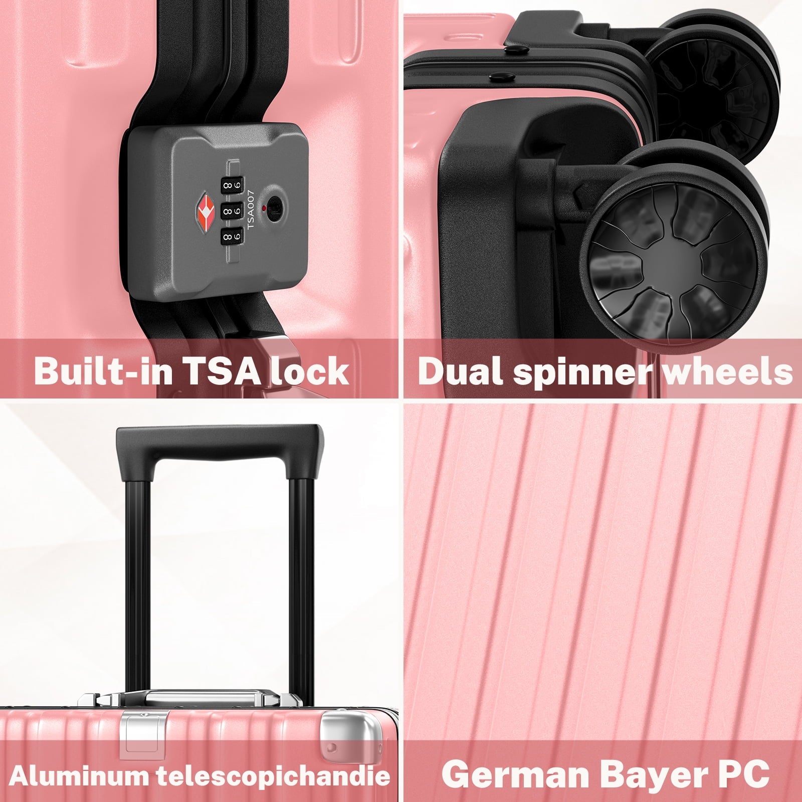 Checked Luggage Aluminum Frame Suitcase with Wheels PC ABS Hardside Zipperless with TSA Lock 28 Inch Pink