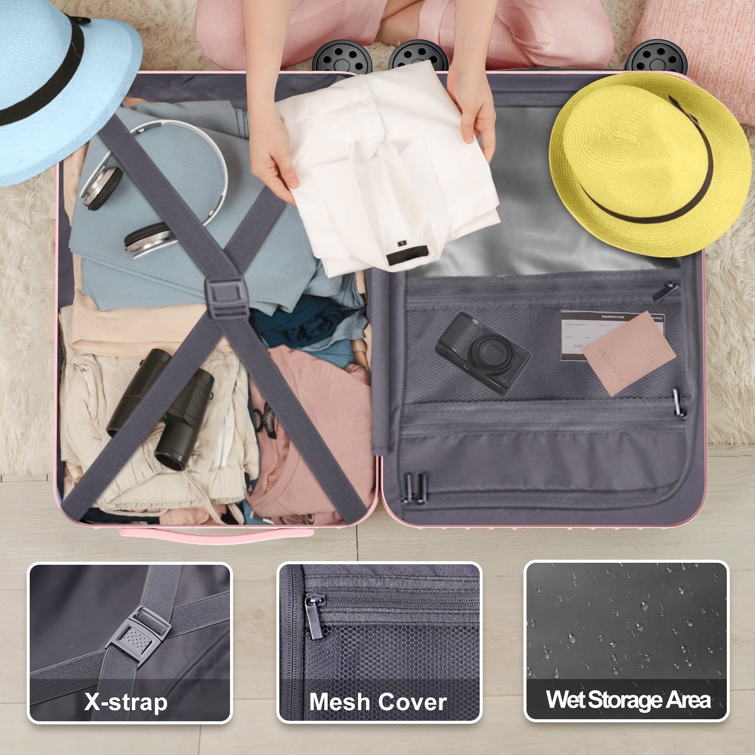Checked Luggage PC ABS Hardshell Suitcase with Spinner Wheels TSA Lock USB Port and Cup Holder 28 inch Pink