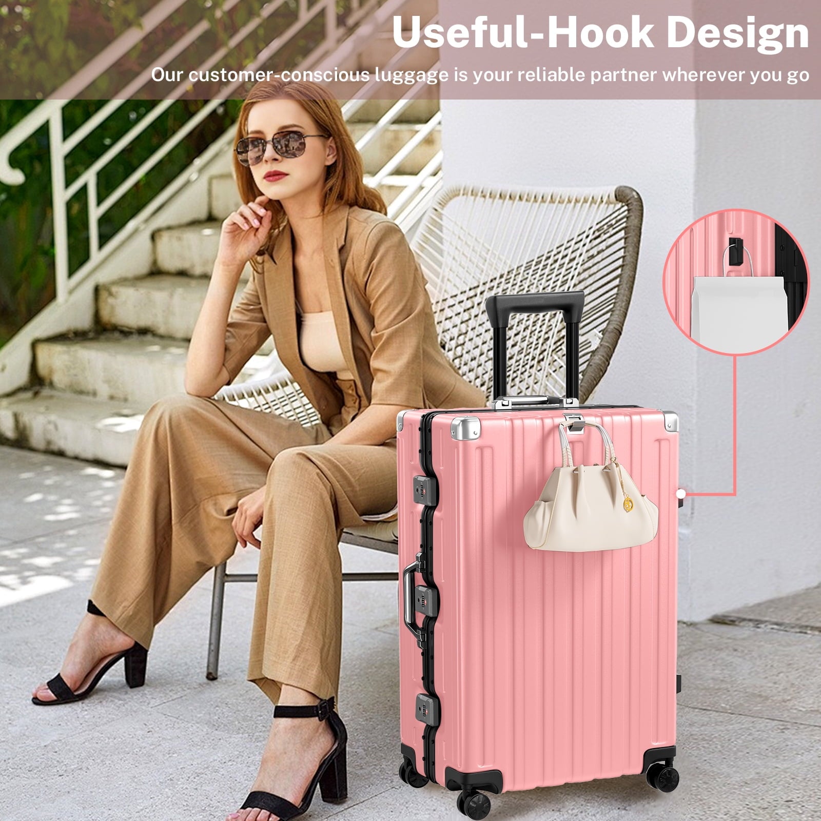 Luggage Sets 2 Pieces Aluminum Frame Carry On Luggage with Wheels PC ABS Hardside Zipperless with TSA Lock 20 28 inch Pink